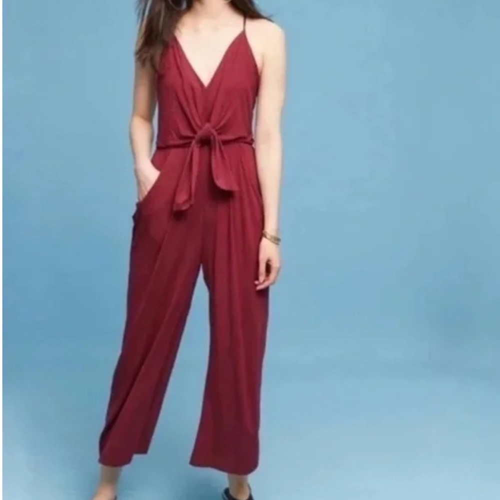 Moulinette Soeurs Anthro Burgundy Willa Jersey Knit Wide Leg Tie Front Jumpsuit